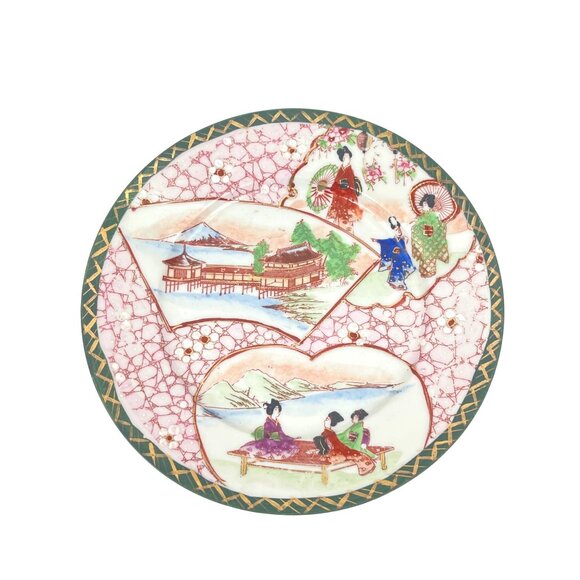 Japanese Decorative Plate With Geisha  Landscape Scenes Green Rim Handpainted - Picture 1 of 7